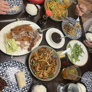 Peking Duck, Lo Mein, Edamame, Mongolian Beef
