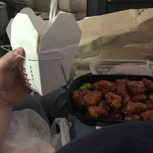 Lunch portion of General Tso&apos;s chicken &amp; fried rice