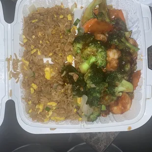 Shrimp and broccoli combo with egg fried rice.