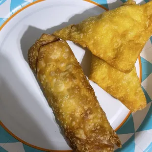 Crab Rangoon and egg roll.