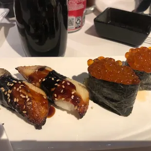 Eel nigiri and Ikura nigiri