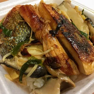 King Salmon cooked in foil wrap.  Added assorted fresh mushrooms.   Tastes amazing.