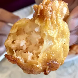 a hand holding a fried pastry
