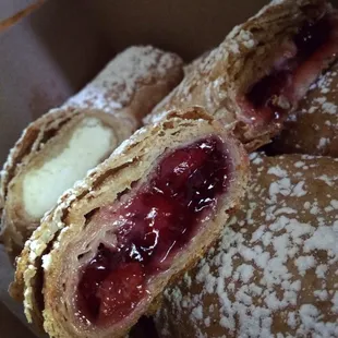 Cherry, cheese, Bavarian cream &amp; strawberry strudel.