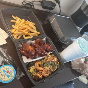 honey hot wings shrimp hibachi rice and fries with Blue Lemonade