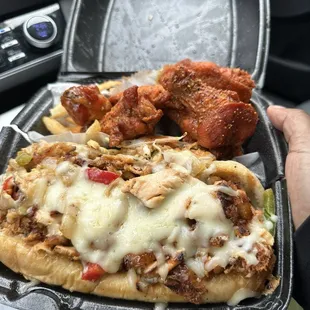 Salmon Philly extra cheese and wings