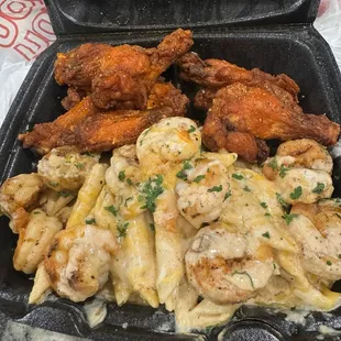 Mild with lemon pepper wings and shrimp pasta