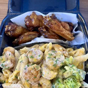 Shrimp pasta and honey garlic wings