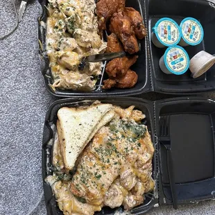 Hungry AF meal with chicken Alfredo and mild wings, salmon Alfredo with shrimp