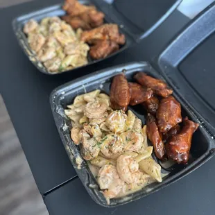 2 for $30 Shrimp Pasta and Wings; left Zone 6 wings (crispy hot lemon pepper) right Kodak know dat wings ( honey garlic lemon pepper