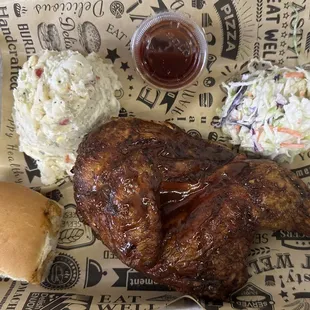 Smoked 1/2 chicken special two sides in a roll