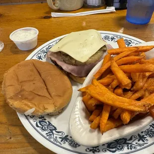 Gawain burger and sweet potato fires