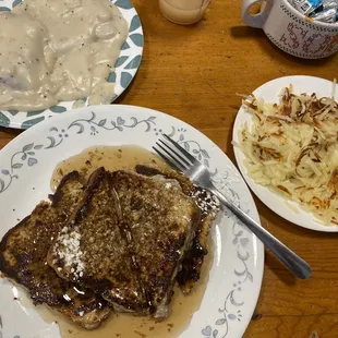 Cranberry Nut French Toast, half biscuit and gravy, potato hash brown.