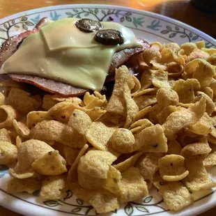 Cordon Bleu Burger (no bun) with corn chips