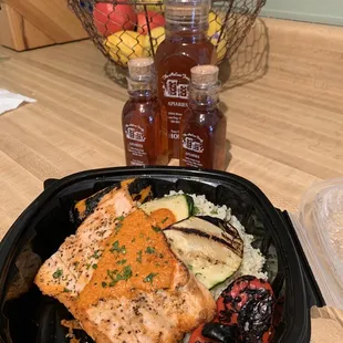 Mediterranean salmon w/ harissa, couscous, and zucchini