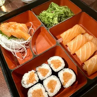 Salmon sushi and sashimi bento box