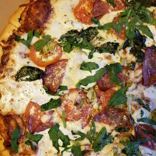Hungry Chameleon - mozzarella,  mozzarella de bufala, spinach, pepperoncini,  roma tomatoes,  soppresata