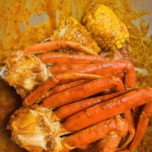 crab legs and corn on the cob