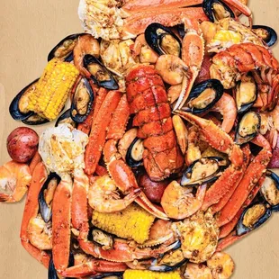 crab legs, corn, potatoes, corn on the cob, corn on the cob, corn on the cob