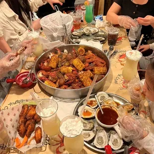 a large table full of seafood