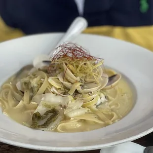 White Kimchi Clam Pasta