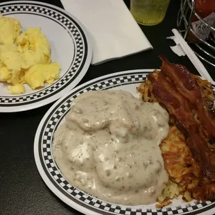 The biscuits and gravy were made with sausage gravy,  really good,  and the hash browns,  really good!