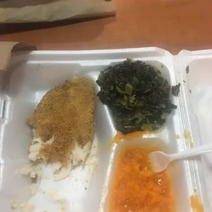 Fried fish, mustard greens and yams