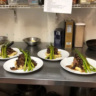 Filet mignon, carmelized potatoes, fresh asparagus.