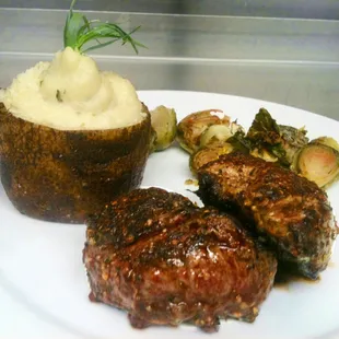 Filet with Boursin Whipped Twice Baked Potato and Roasted Brussels Sprouts