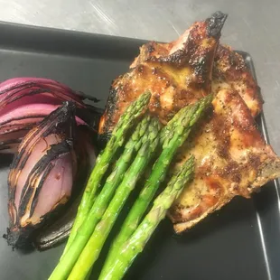 Honey Mustard Grilled Pork Chop with Asparagus and Red Onion
