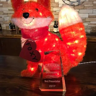 a red and white stuffed animal
