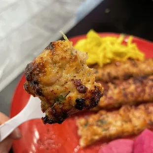 a person holding a fork full of food