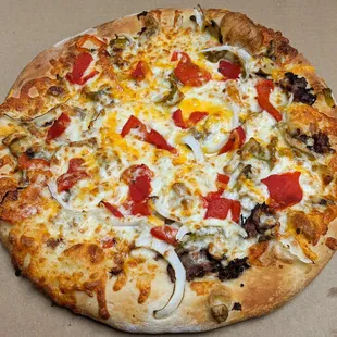 Philly Steak Pizza - Garlic Sauce, Steak, Onions, Sweet Peppers, Mushrooms &amp; Roasted Red Peppers