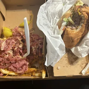 Chili Cheese Fries with pastrami and a cheeseburger