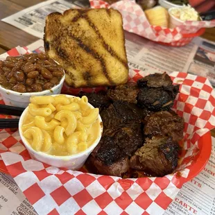 burnt ends platter with mac, beans, and texas toast