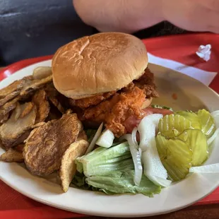 Buffalo chicken sandwich and circle fries