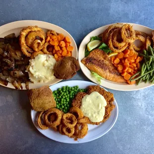 Large liver and onions (top left), grilled trout (top right), pony chicken-fried steak (bottom)