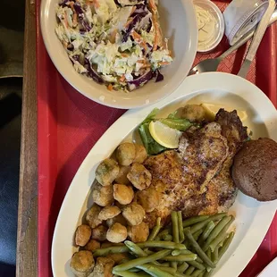 Grilled catfish, fried okra, green beans, coleslaw