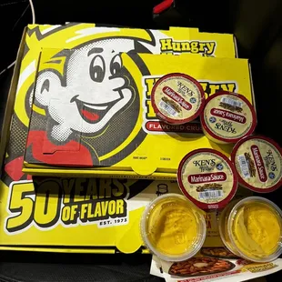 Cheese bread and pizza and our sauces!