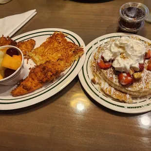 I ordered NY Cheesecake pancakes meal.  I substituted pork for chicken strips and the eggs with fruit. Delicious!