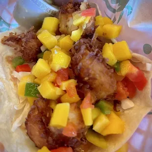Coconut Shrimp Cowboy taco with mango salsa