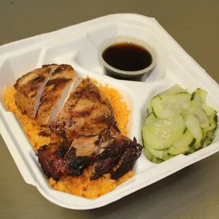 a meal in a styrofoam container