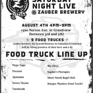 Saturday night live with 9 food trucks at Zauber brewery 1300 norton avenue 8-4-12 4pm- 9pm!