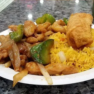 December Specials Bourbon Chicken - dark meat chicken marinated with Bourbon sauce, served with onions and green peppers.