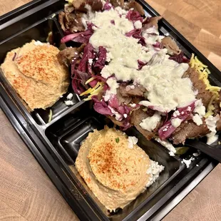 Hungry Platter with Basmati Rice Pilaf, Beef Gyro, Red Cabbage Slaw and Spicy Hummus