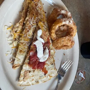 Chicken quesadillas with onion rings!