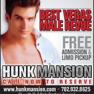 Male strip club offering free admission and free limo pickup with the purchase of 2 drinks