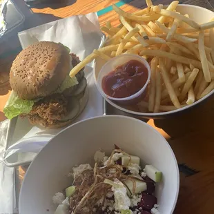 Chicken sandwich, bowl of fries, half order of the apple/ beet salad...