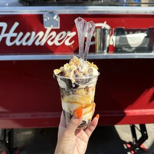 a hand holding a cup of ice cream