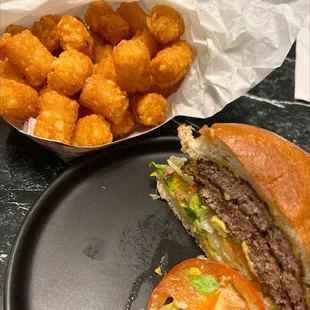 Double-Double Meat &amp; Cheese Burger, large Tater Tots